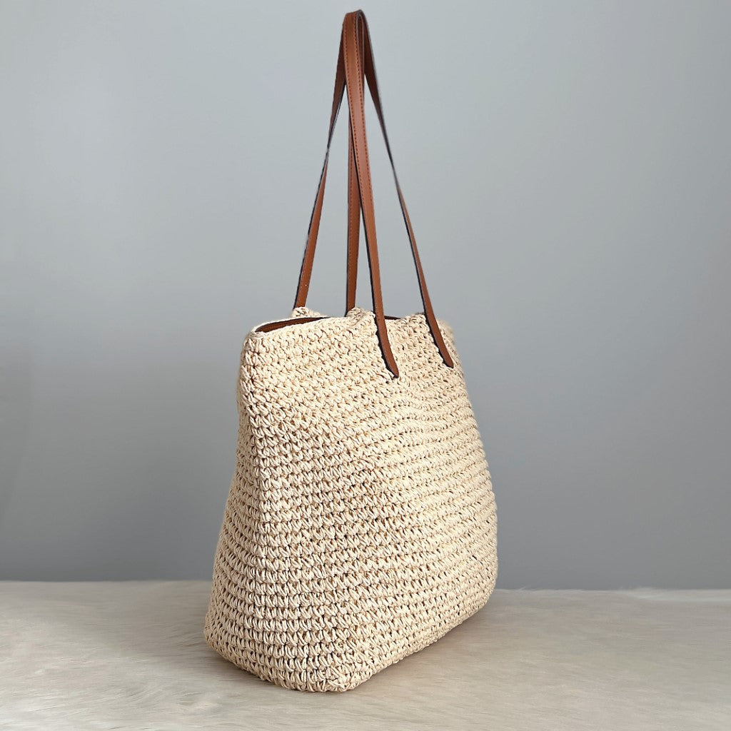 Ralph Lauren Caramel Leather Straw Carryall Shoulder Bag