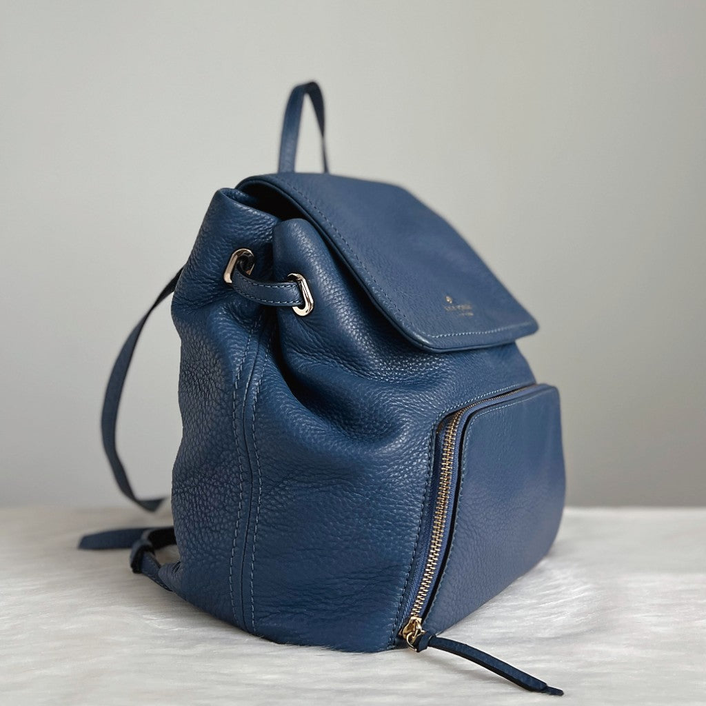 Kate Spade Blue Leather Front Logo Flap Zipped Compartment Backpack Like New