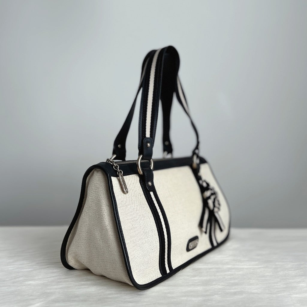 Bally Black Leather Floral Charm Stripe Detail Shoulder Bag Excellent