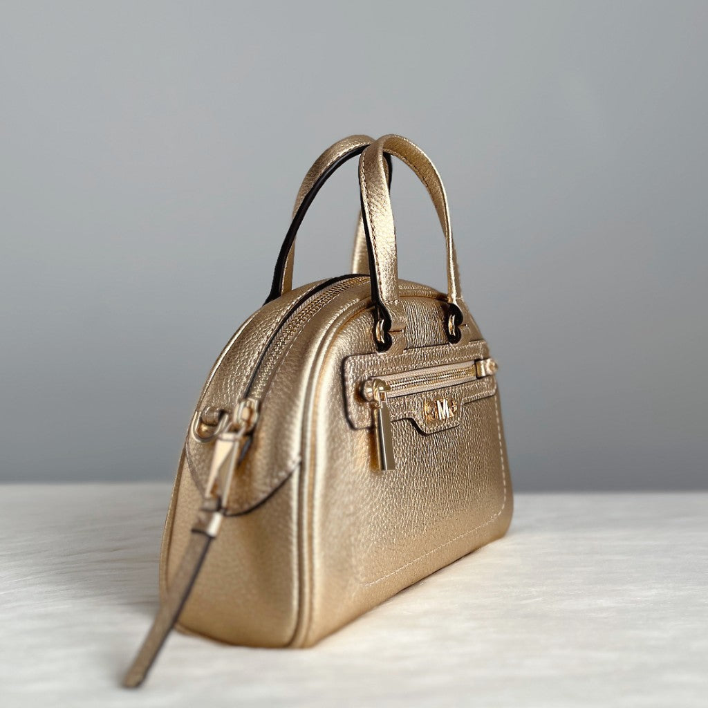 Michael Kors Gold Leather Front Logo Mini Boston 2 Way Shoulder Bag Like New