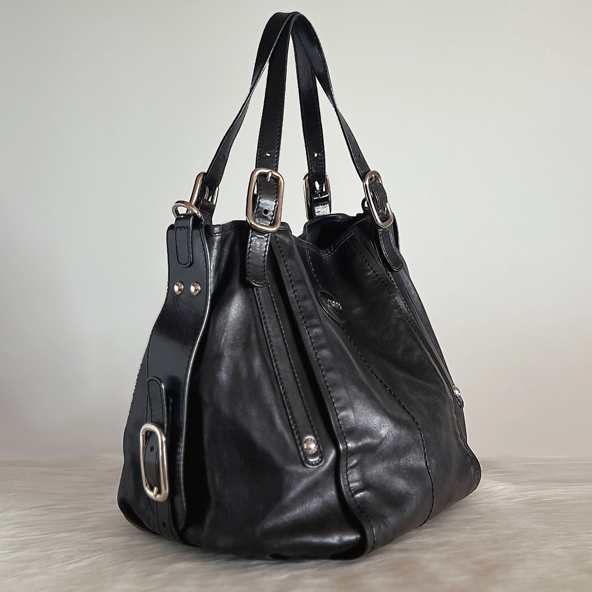 Tod's Black Leather Front Logo Side Buckle 2 Way Shoulder Bag Excellent