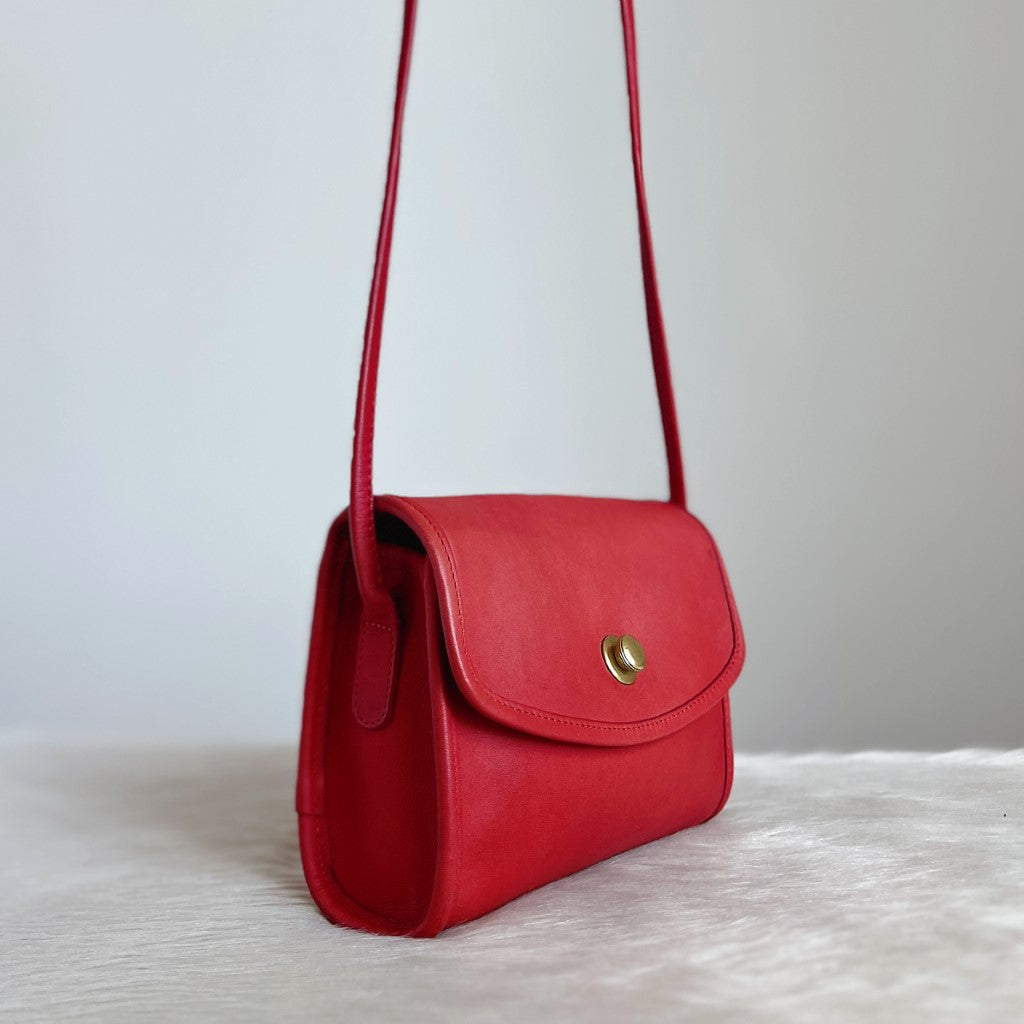 Coach Red Leather Flap Closure Crossbody Shoulder Bag