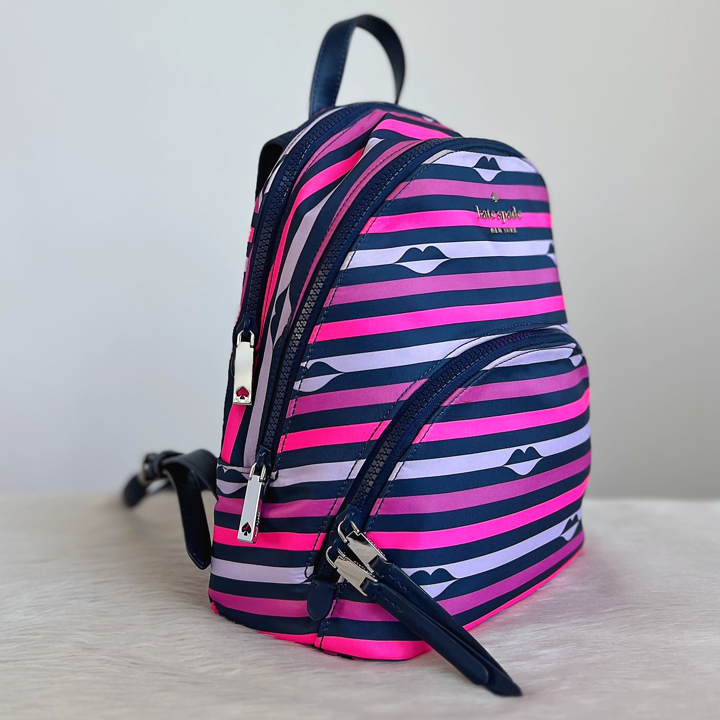 Kate Spade Multi-Colour Striped Double Compartment Front Logo Backpack Excellent