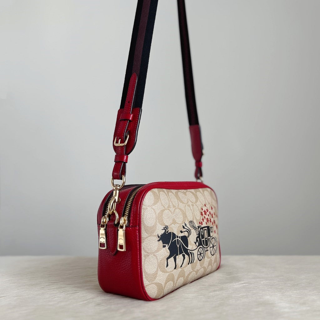 Coach Red Leather Monogram Double Compartment Crossbody Shoulder Bag Like New