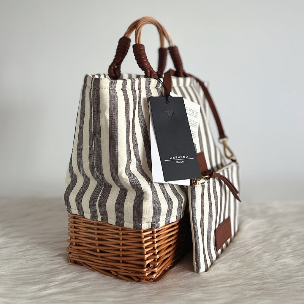 Max Mara Stripe Canvas Straw Holiday Tote Bag + Pouch New with Tags