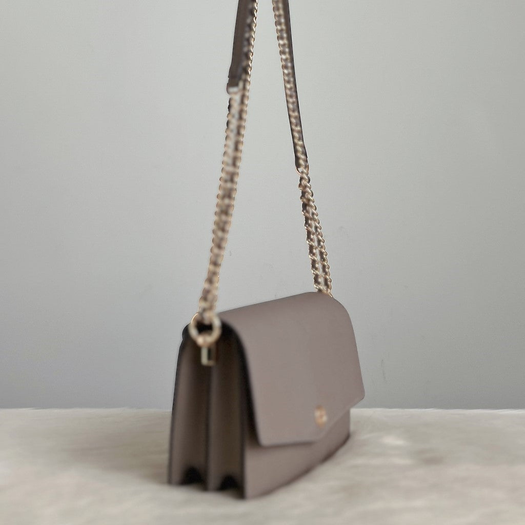 Tory Burch Taupe Leather Front Logo Crossbody Shoulder Bag Like New