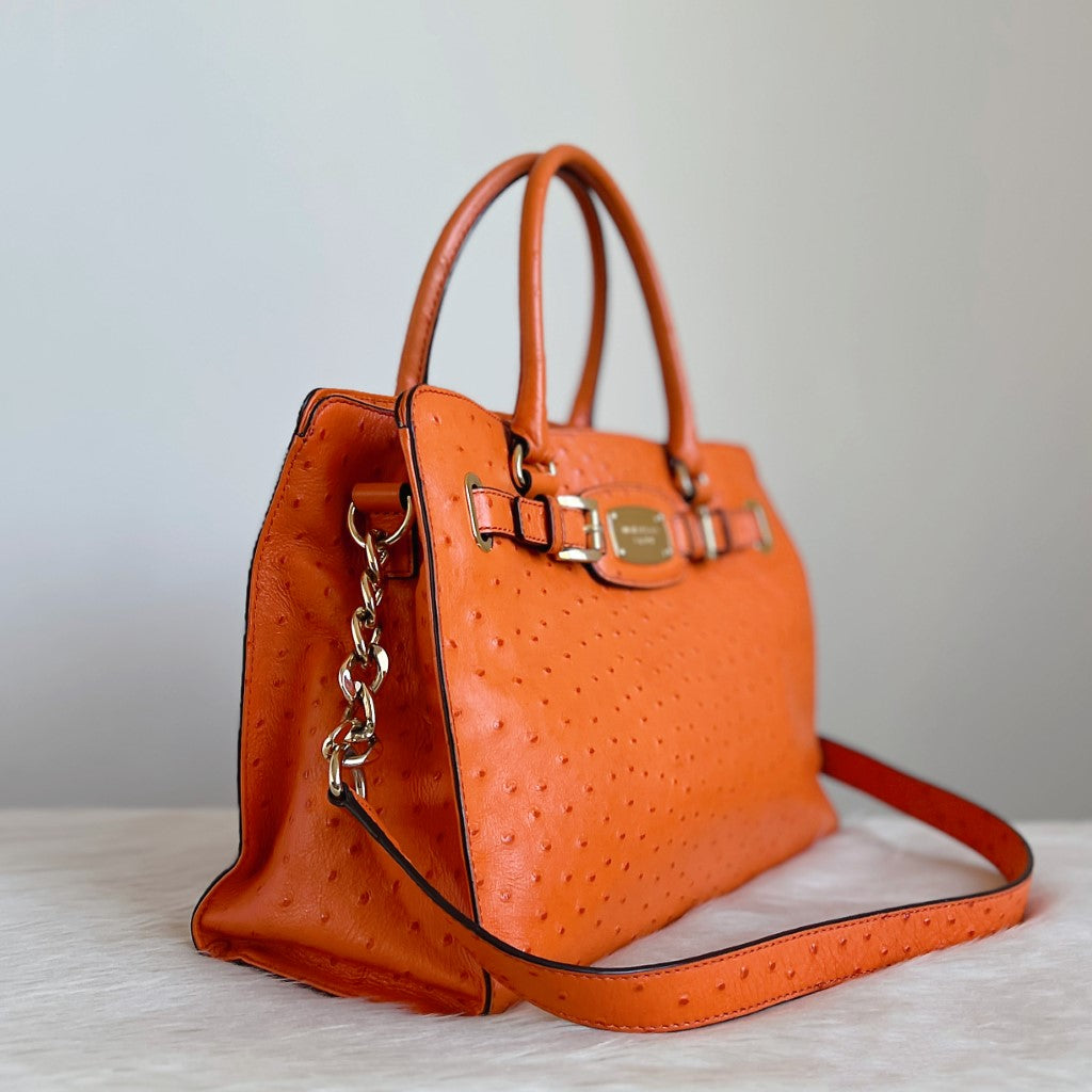 Michael Kors Orange Ostrich Print Leather Hamilton Large 2 Way Shoulder Bag Excellent