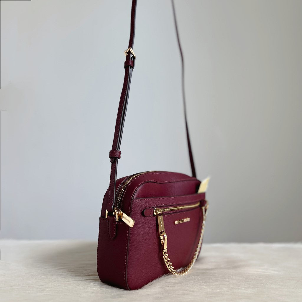 Michael Kors Burgundy Leather Gold Chain Detail Crossbody Shoulder Bag New with Tags