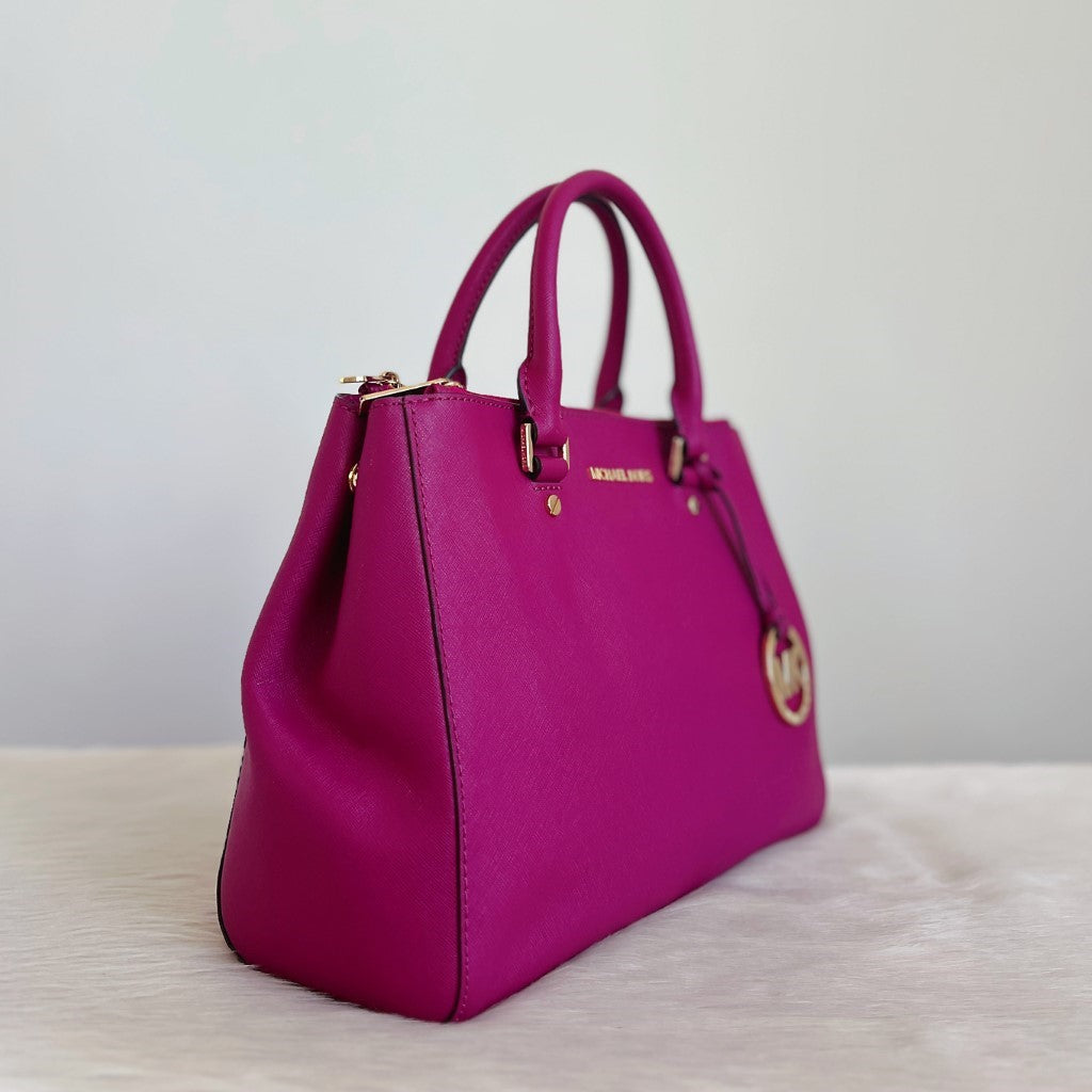 Michael Kors Fuchsia Leather MK Charm Triple Compartment 2 Way Shoulder Bag Excellent