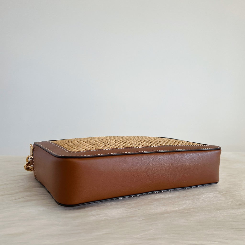 Michael Kors Caramel Leather Straw Patchwork Crossbody Shoulder Bag Like New