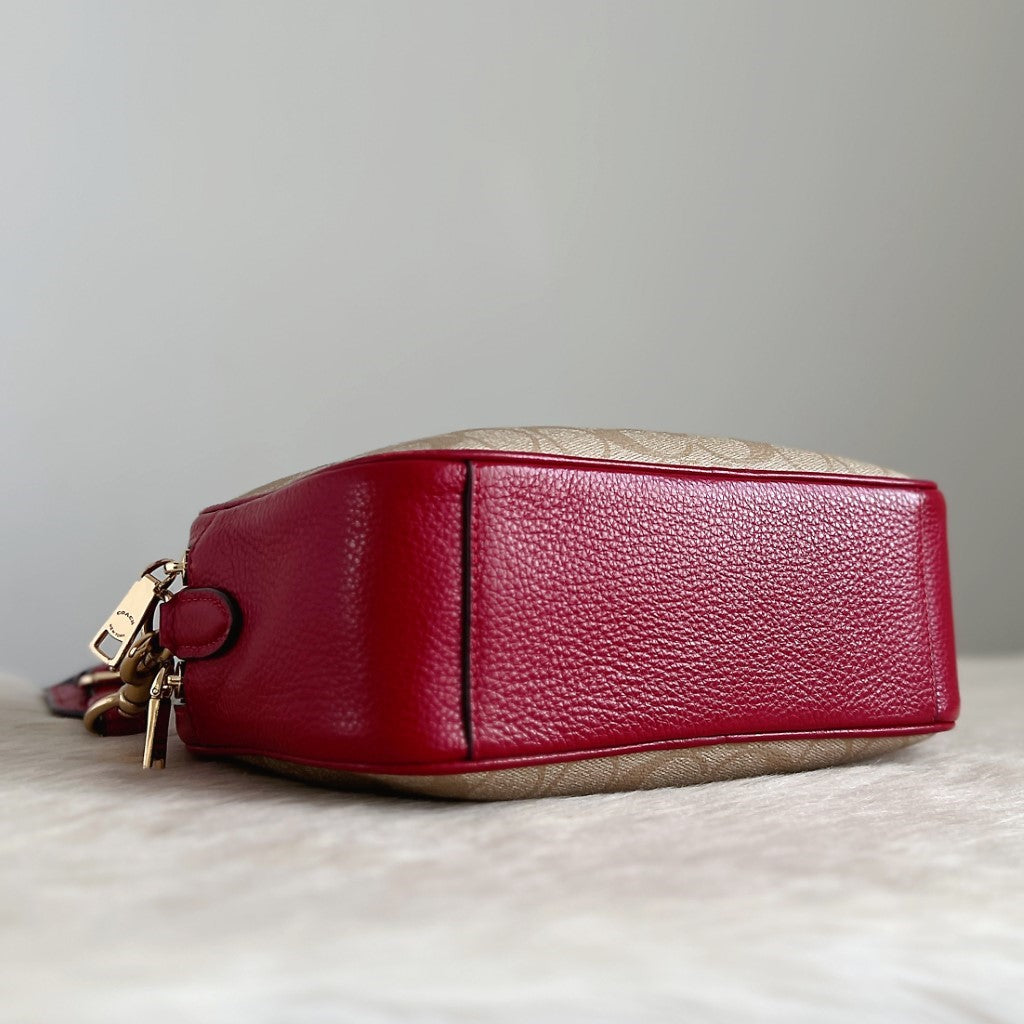 Coach Red Leather Monogram Double Compartment Crossbody Shoulder Bag Like New