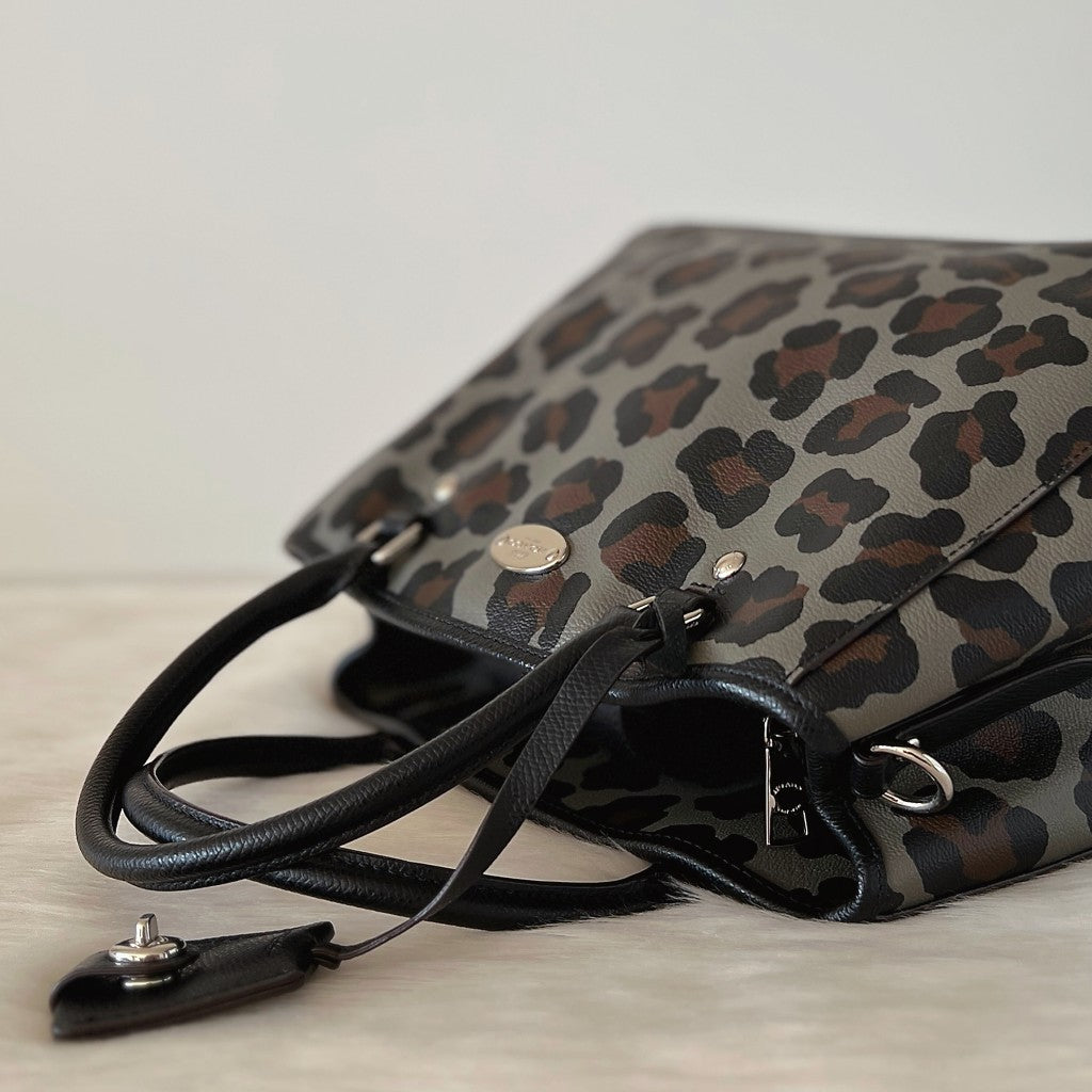 Coach Black Leather Leopard Triple Compartment 2 Way Shoulder Bag Like New