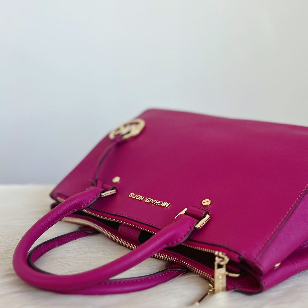 Michael Kors Fuchsia Leather MK Charm Triple Compartment 2 Way Shoulder Bag Excellent