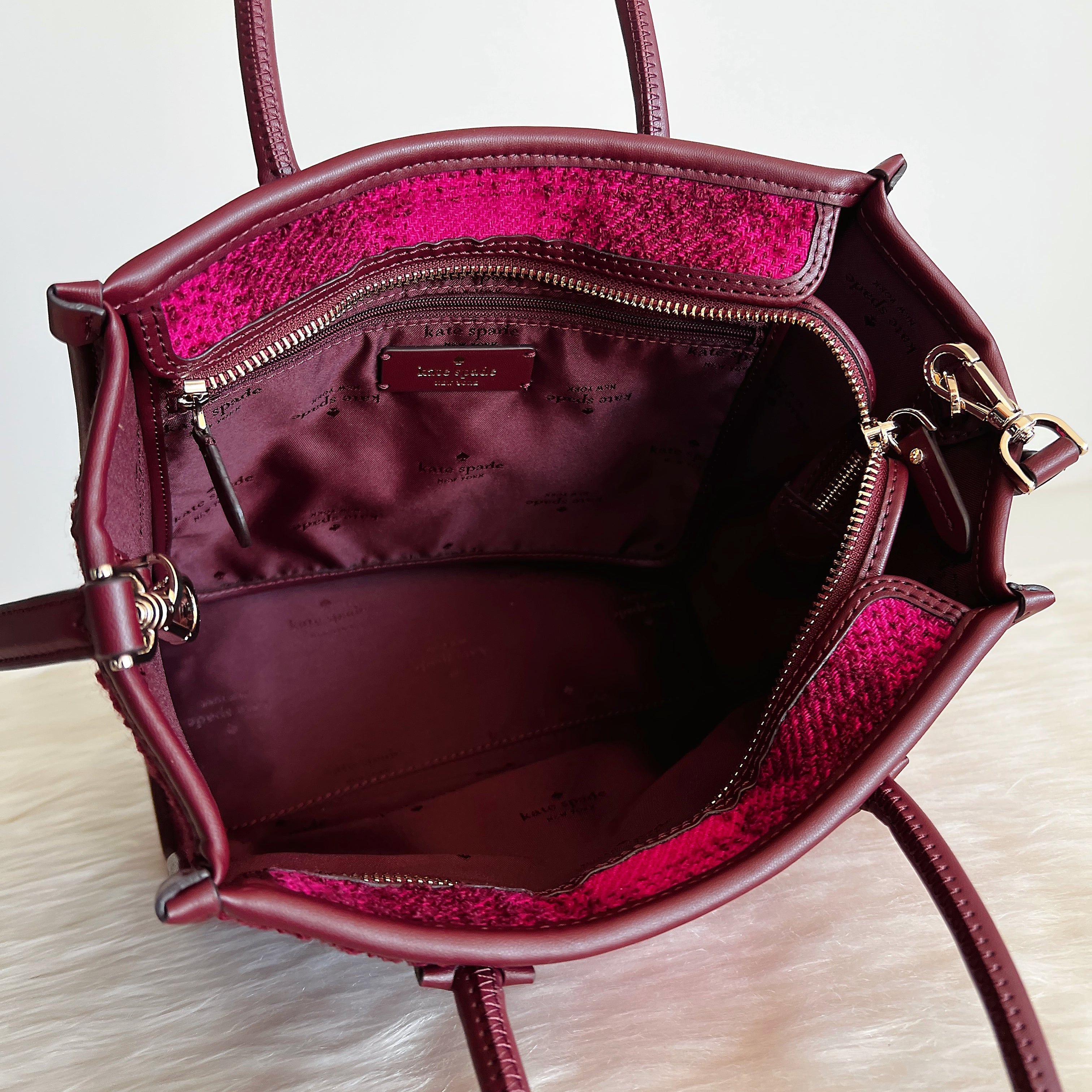 Kate Spade Burgundy Leather Woollen 2 Way Shoulder Bag Like New
