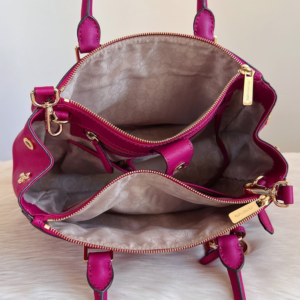 Michael Kors Fuchsia Leather MK Charm Triple Compartment 2 Way Shoulder Bag Excellent