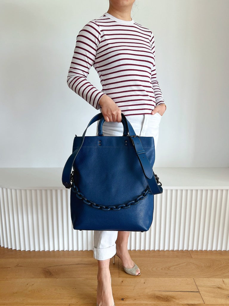 Coach Blue Leather Chunky Chain Messenger Unisex 2 Way Shoulder Bag Like New