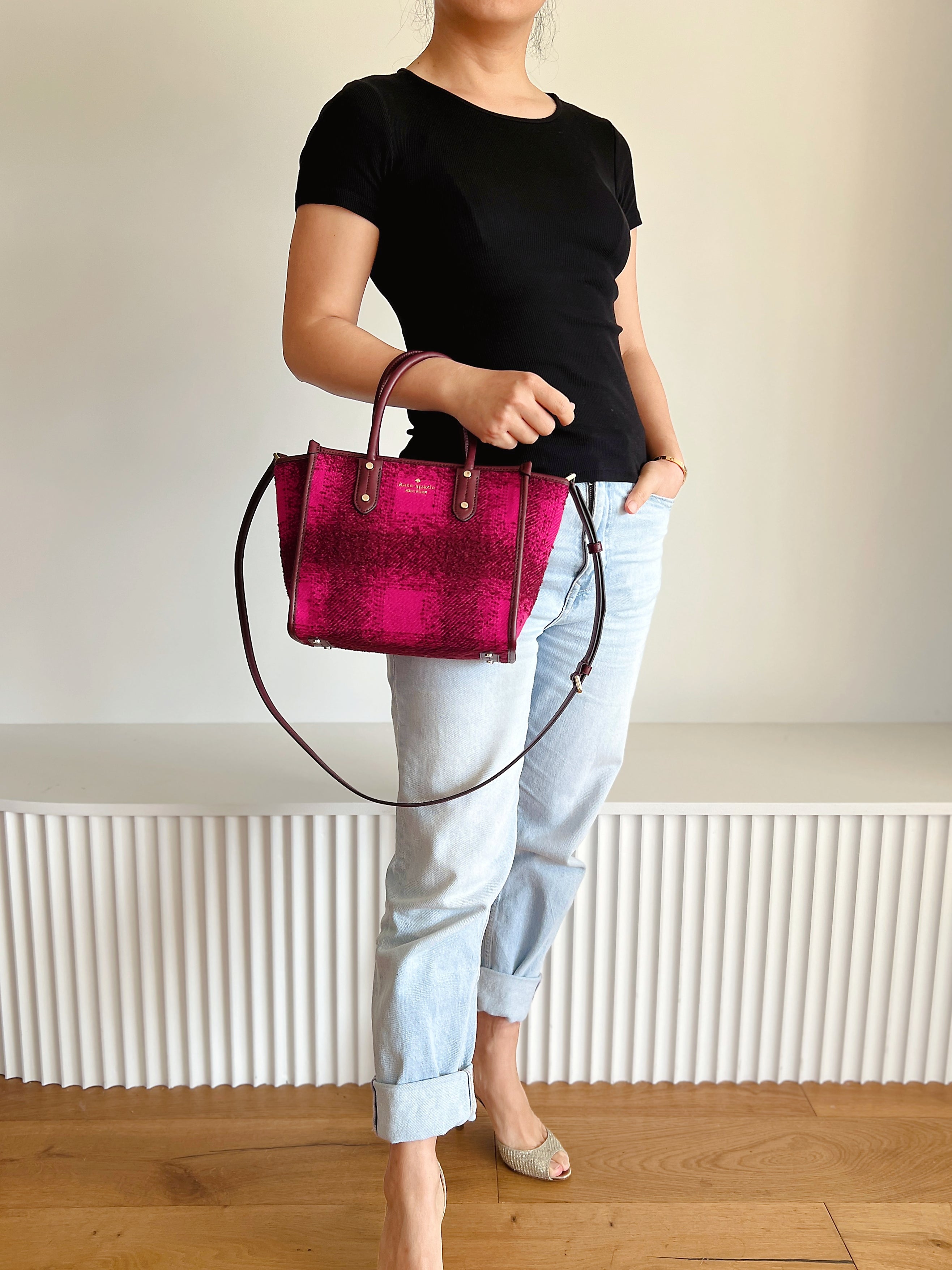 Kate Spade Burgundy Leather Woollen 2 Way Shoulder Bag Like New