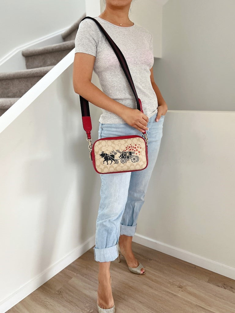 Coach Red Leather Monogram Double Compartment Crossbody Shoulder Bag Like New