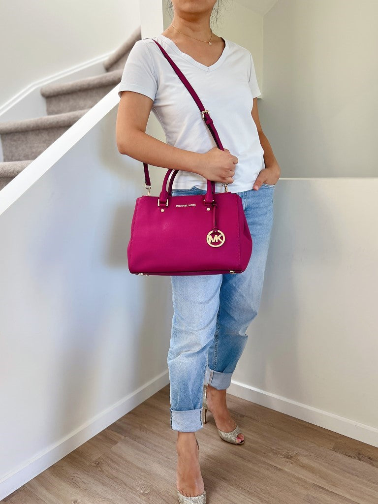 Michael Kors Fuchsia Leather MK Charm Triple Compartment 2 Way Shoulder Bag Excellent