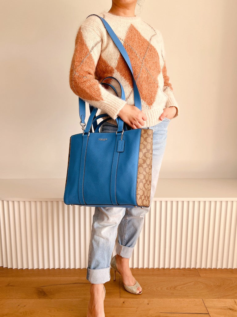 Coach Blue Leather Monogram Patchwork 3 Way Shoulder Bag New with Tags