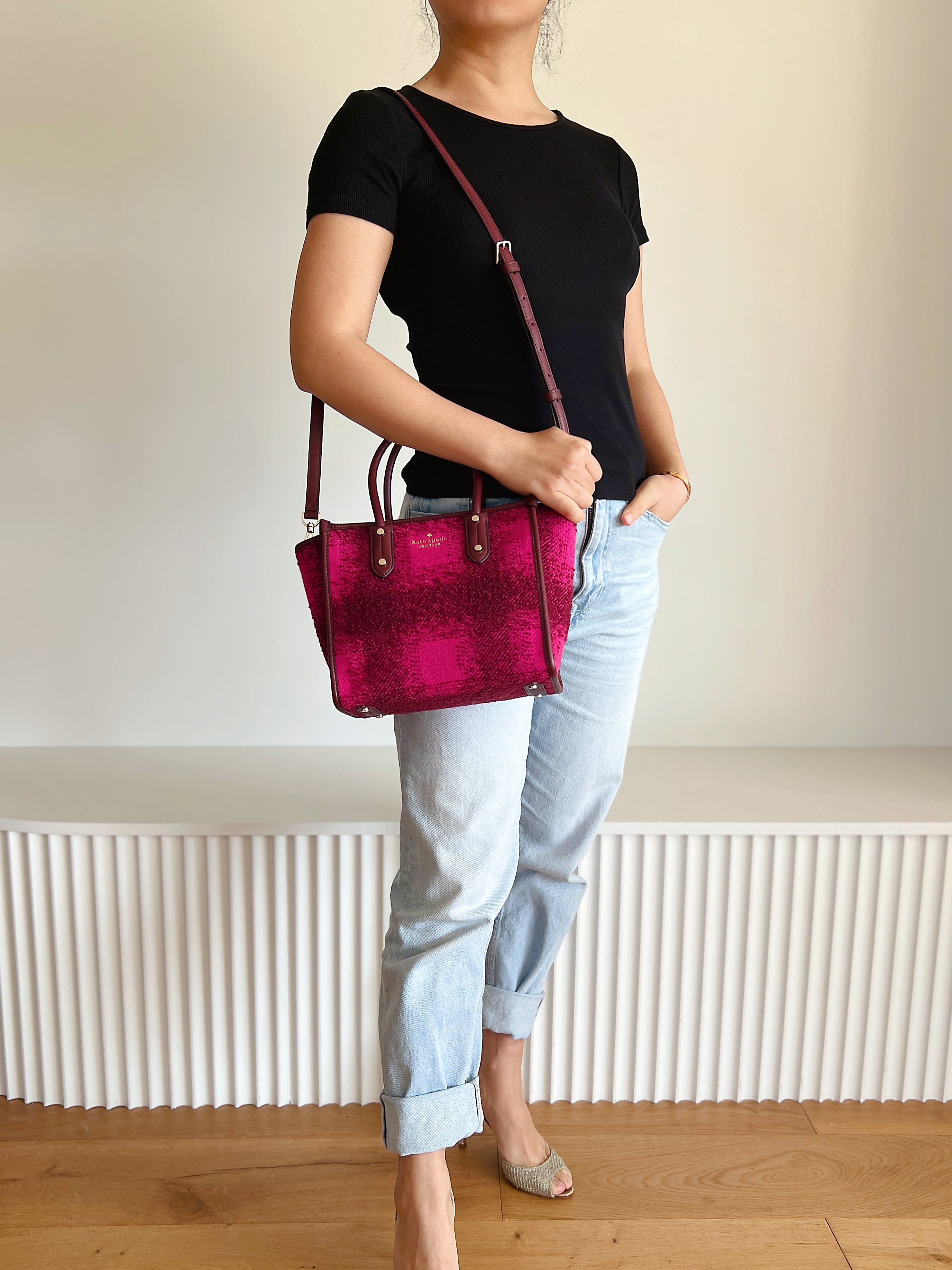 Kate Spade Burgundy Leather Woollen 2 Way Shoulder Bag Like New
