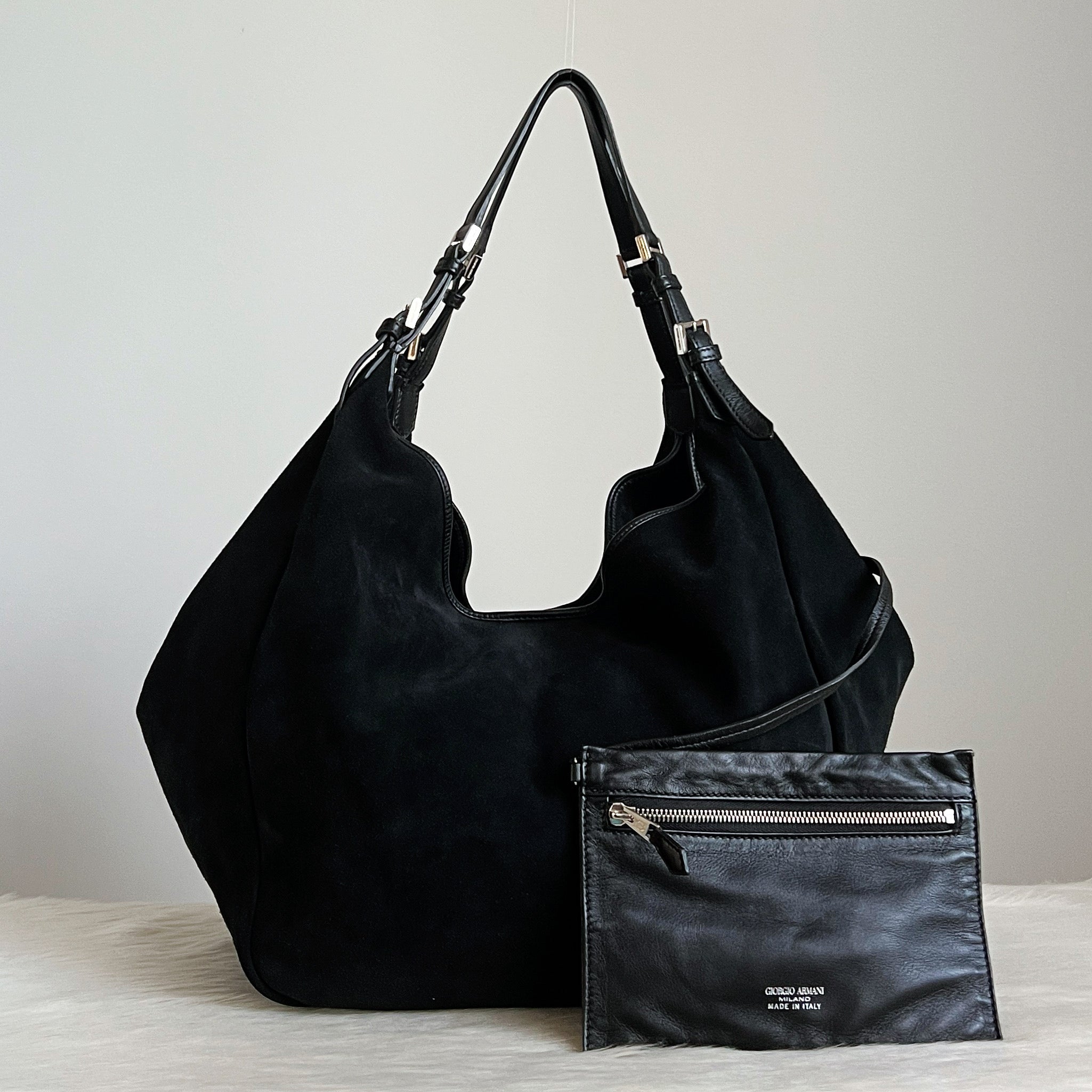 Giorgio Armani Black Suede Slouchy Shoulder Bag + Pouch