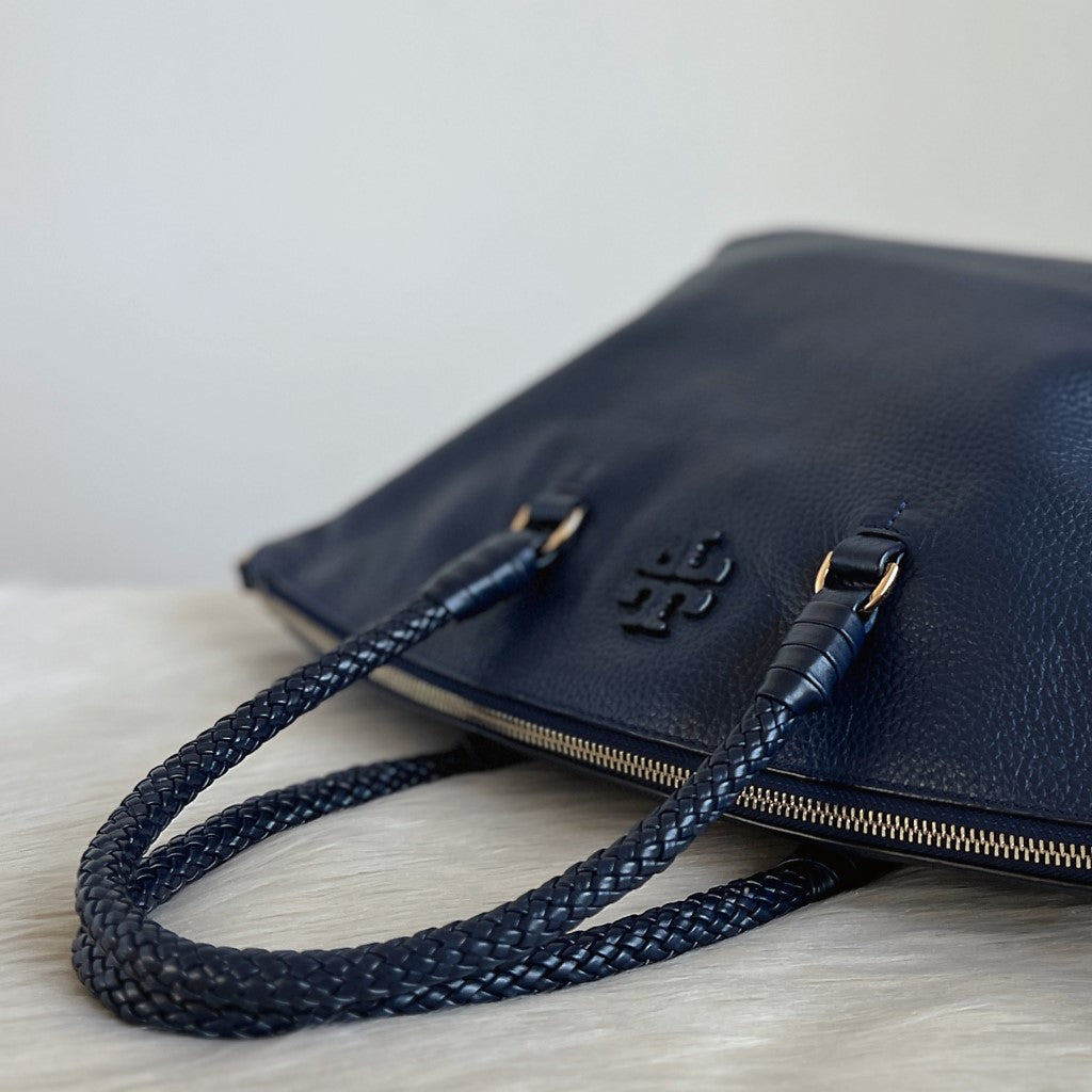 Tory Burch Navy Leather Front Logo Carryall 2 Way Shoulder Bag Like New