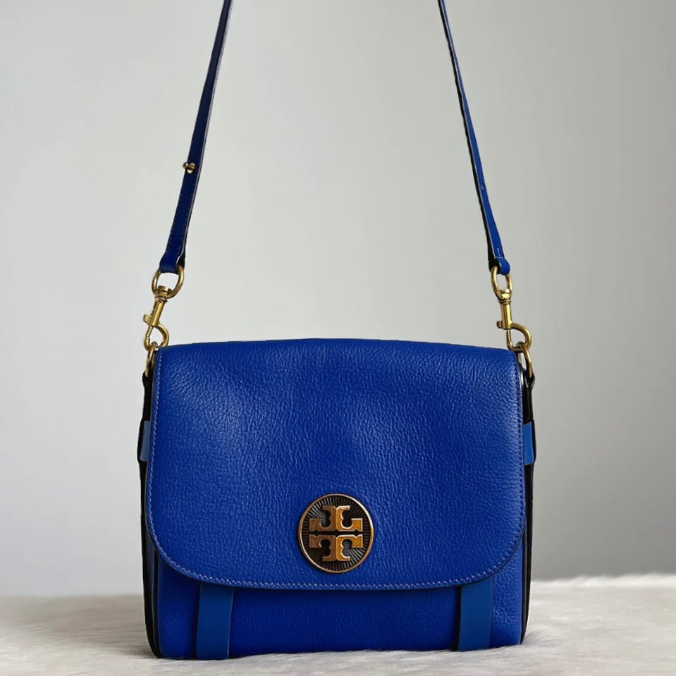 Tory Burch Blue Leather Flap Front Logo Crossbody Shoulder Bag Excellent