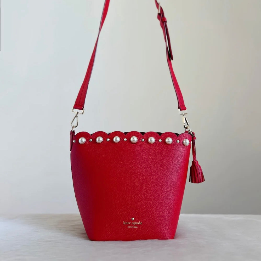 Kate Spade Red Leather Pearl Detail Tassel Charm Bucket Shoulder Bag Excellent