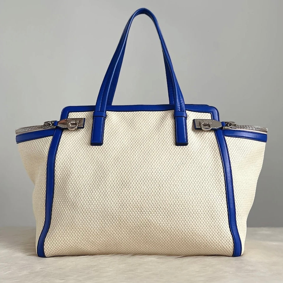 Salvatore Ferragamo Blue Leather Straw Large Shoulder Bag Excellent