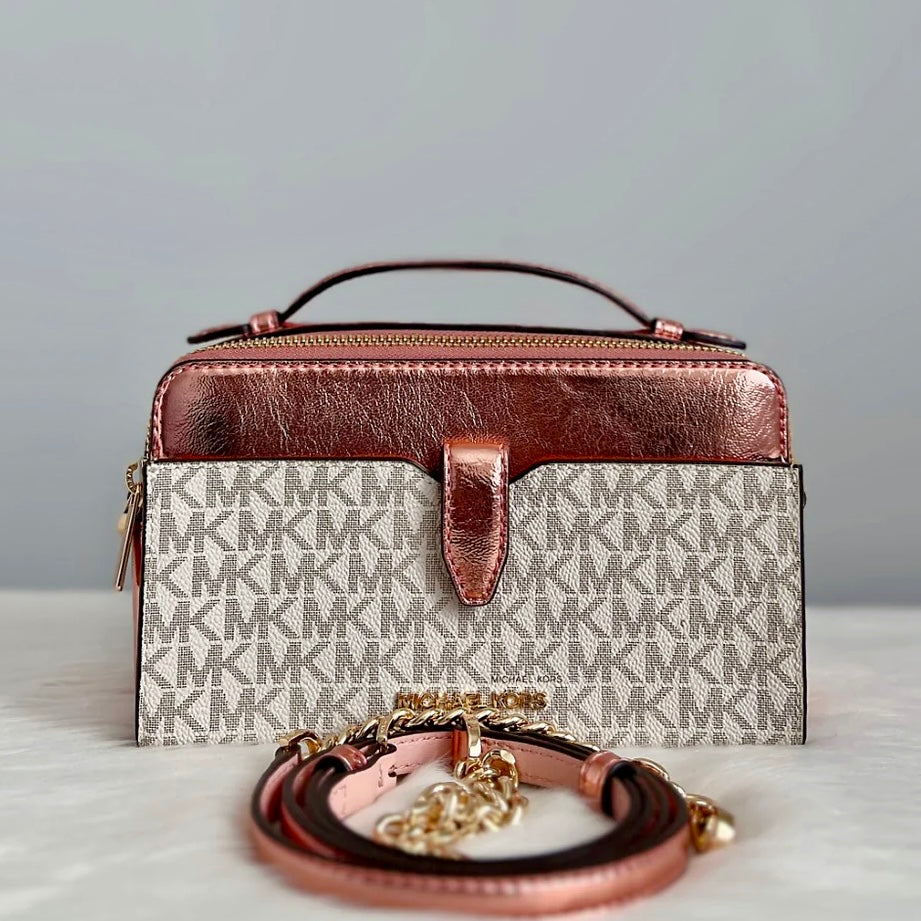 Michael Kors Metallic Pink Leather Monogram Double Compartment 2 Way Shoulder Bag Like New