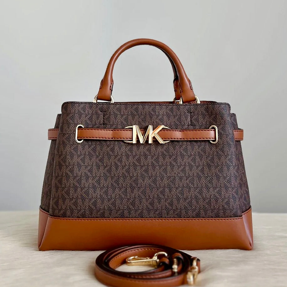 Michael Kors Caramel Leather Monogram Triple Compartment 2 Way Shoulder Bag Like New