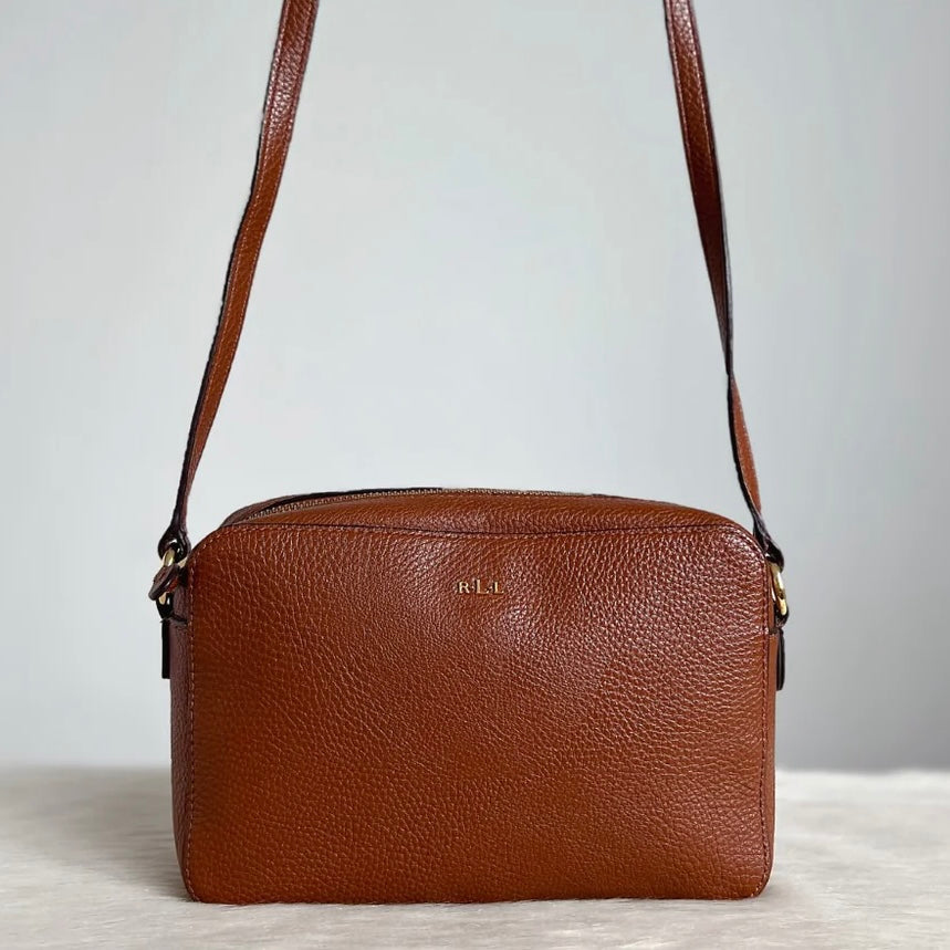 Ralph Lauren Caramel Leather Front Logo Crossbody Shoulder Bag