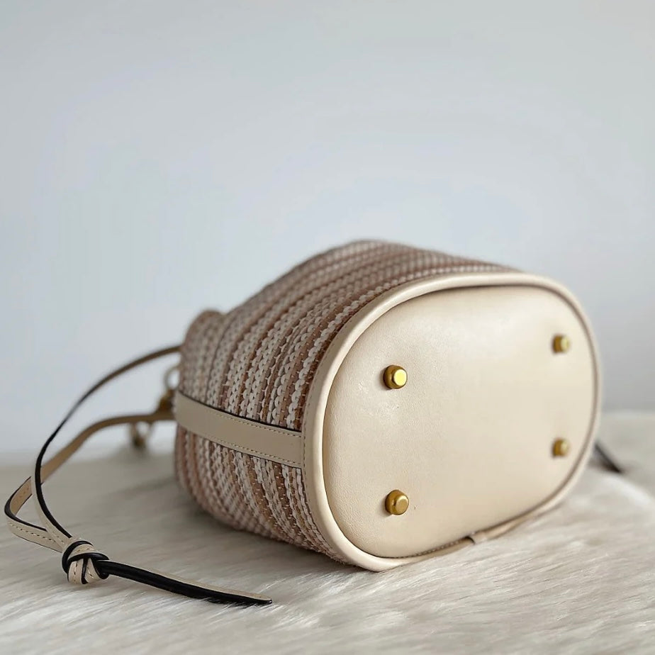 Coach Beige Leather Woven Drawstring Bucket 2 Way Shoulder Bag Excellent