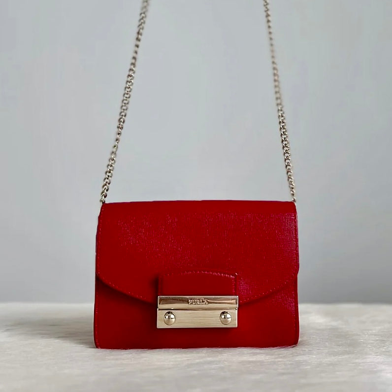 Furla Maroon Leather Signature Metropolis Small Shoulder Bag