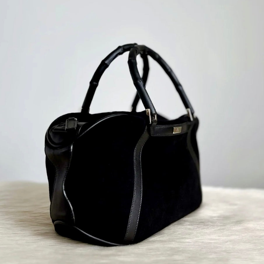 Gucci Black Suede Signature Bamboo Boston Tote Bag