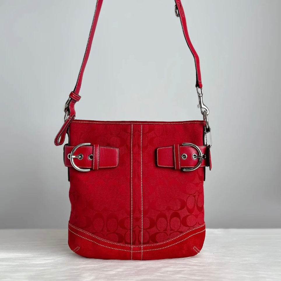 Coach Red Leather Monogram Double Buckle Crossbody Shoulder Bag Excellent