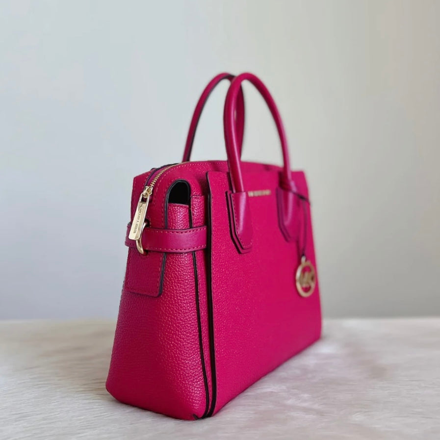 Michael Kors Fuchsia Leather MK Charm Triple Compartment 2 Way Shoulder Bag Like New