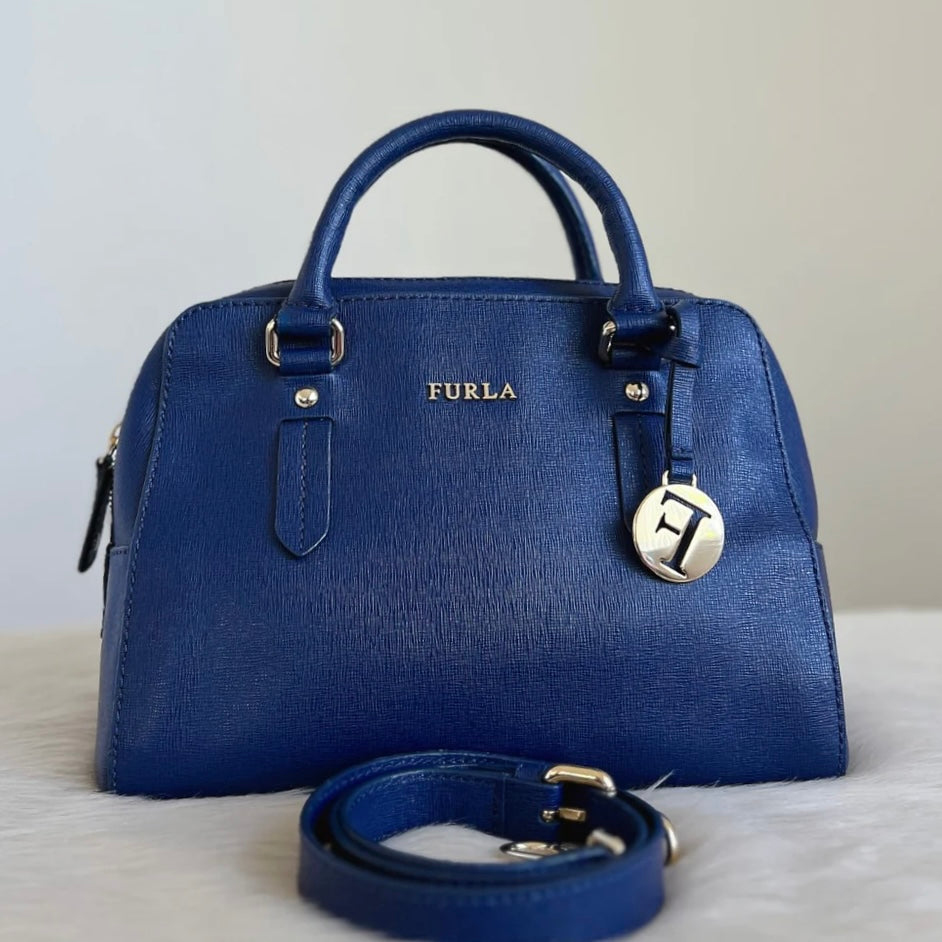 Furla Blue Leather F Charm Boston 2 Way Shoulder Bag Excellent