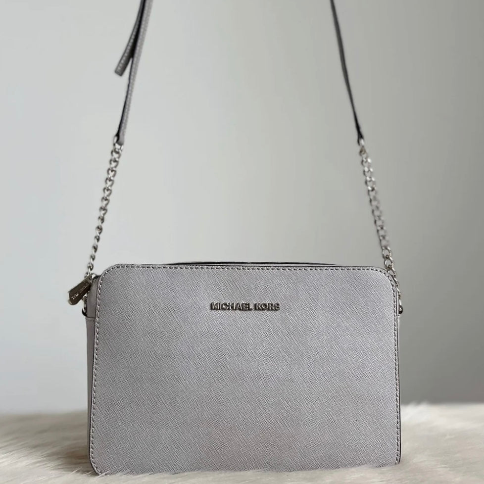 Michael Kors Grey Saffiano Leather Front Logo Crossbody Shoulder Bag Excellent