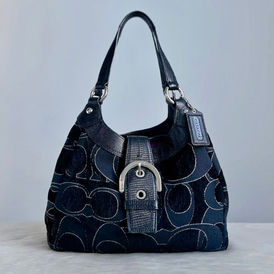 Coach Black Leather Monogram Triple Compartment Shoulder Bag Excellent