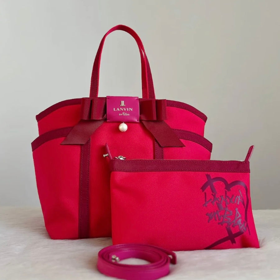 Lanvin Fuchsia Canvas Bow Detail Shoulder Bag + Pouch Like New