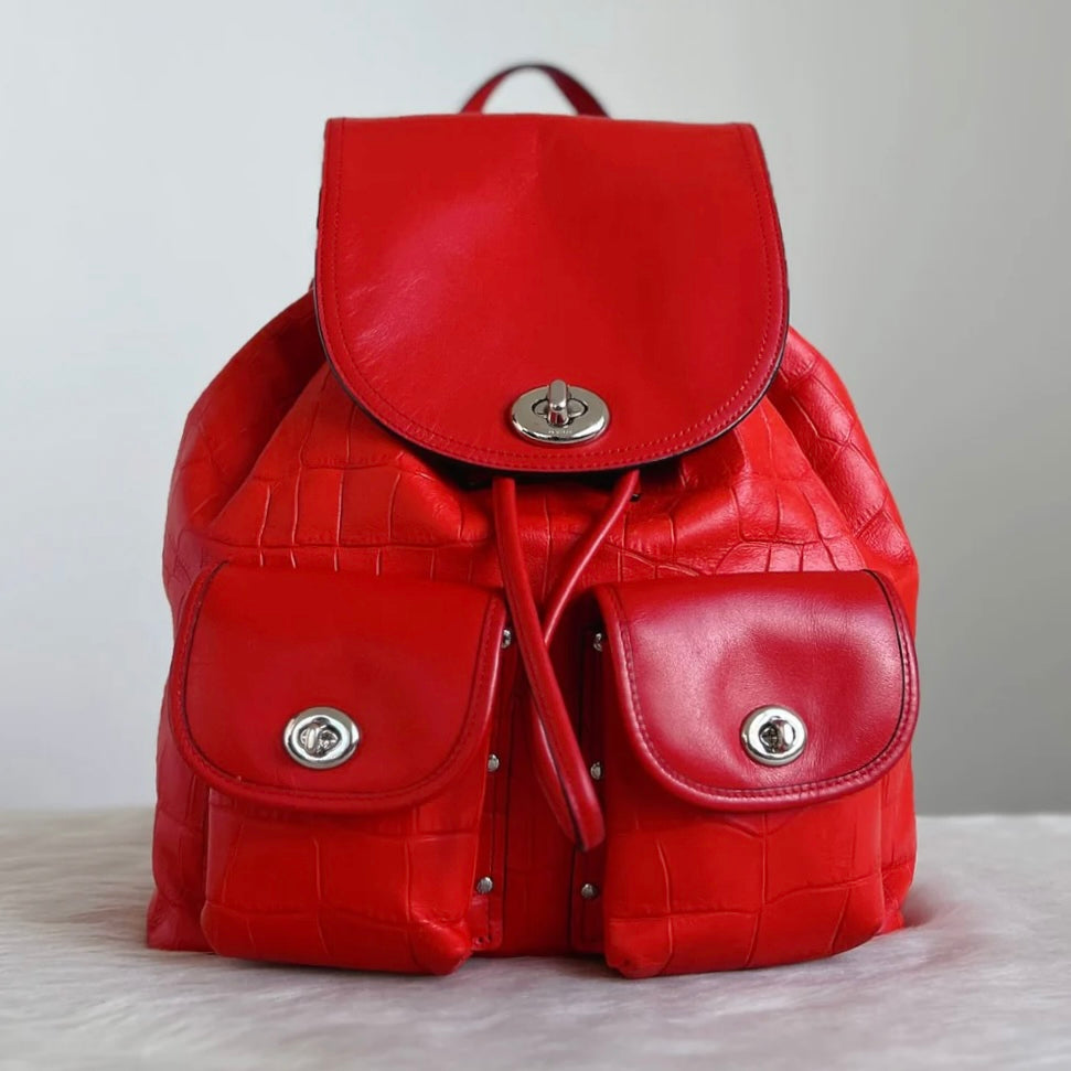 Coach Orange Red Leather Front Turn Lock Pocket Backpack