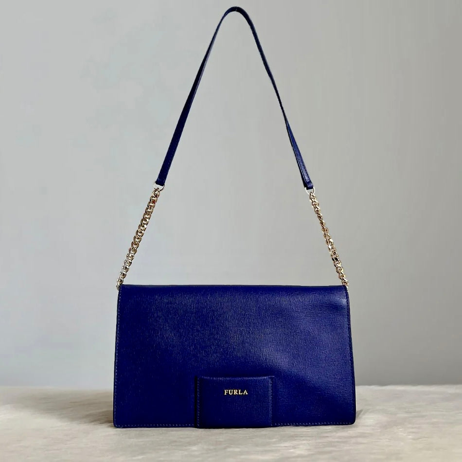 Furla Violet Leather Front Logo Chain Detail Shoulder Bag Like New
