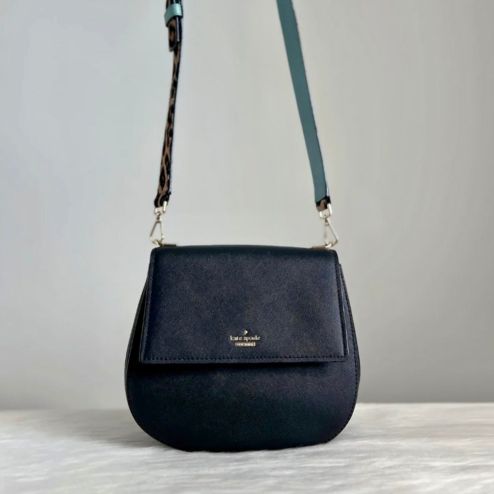 Kate Spade Black Leather Front Logo Leopard Strap Crossbody Shoulder Bag Like New