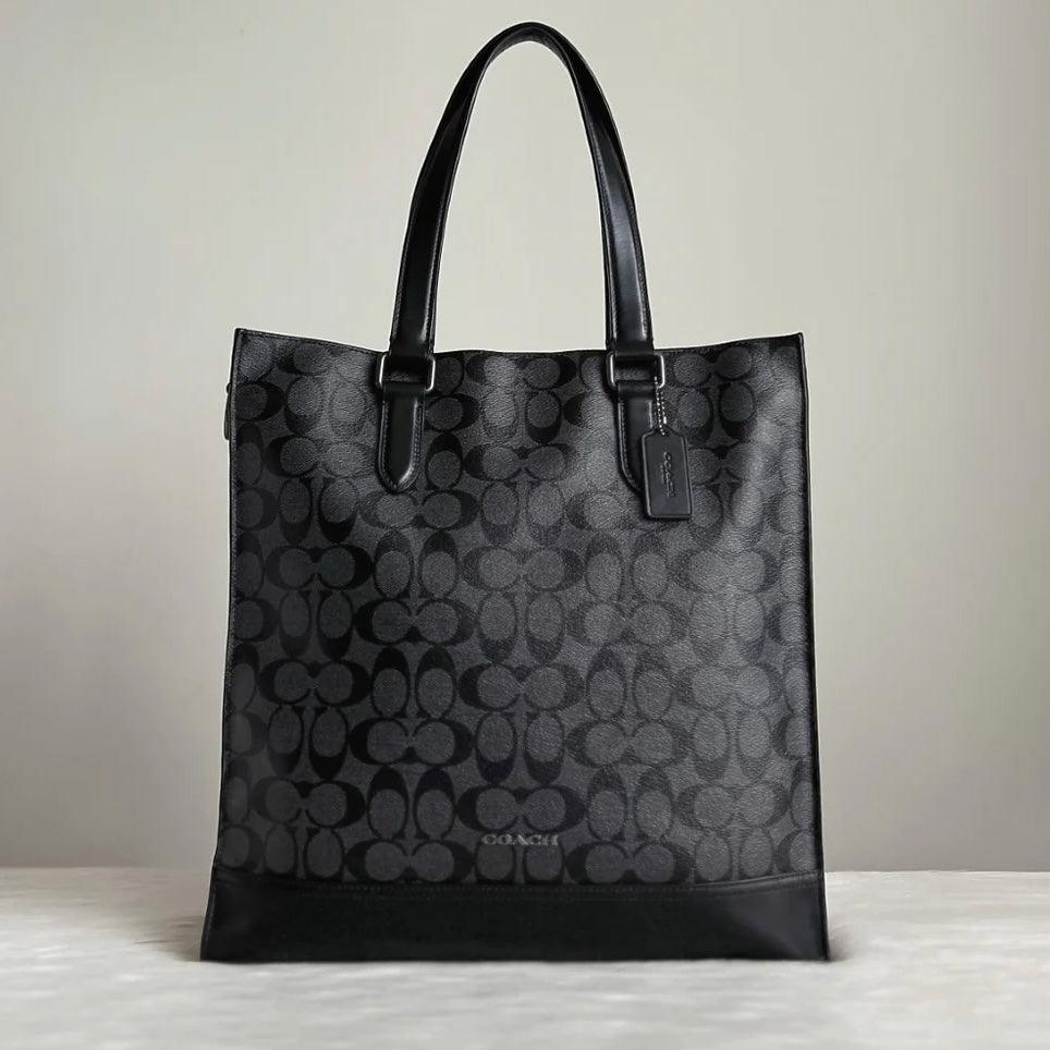 Coach Black Leather Monogram Book Tote Large Shoulder Bag Excellent