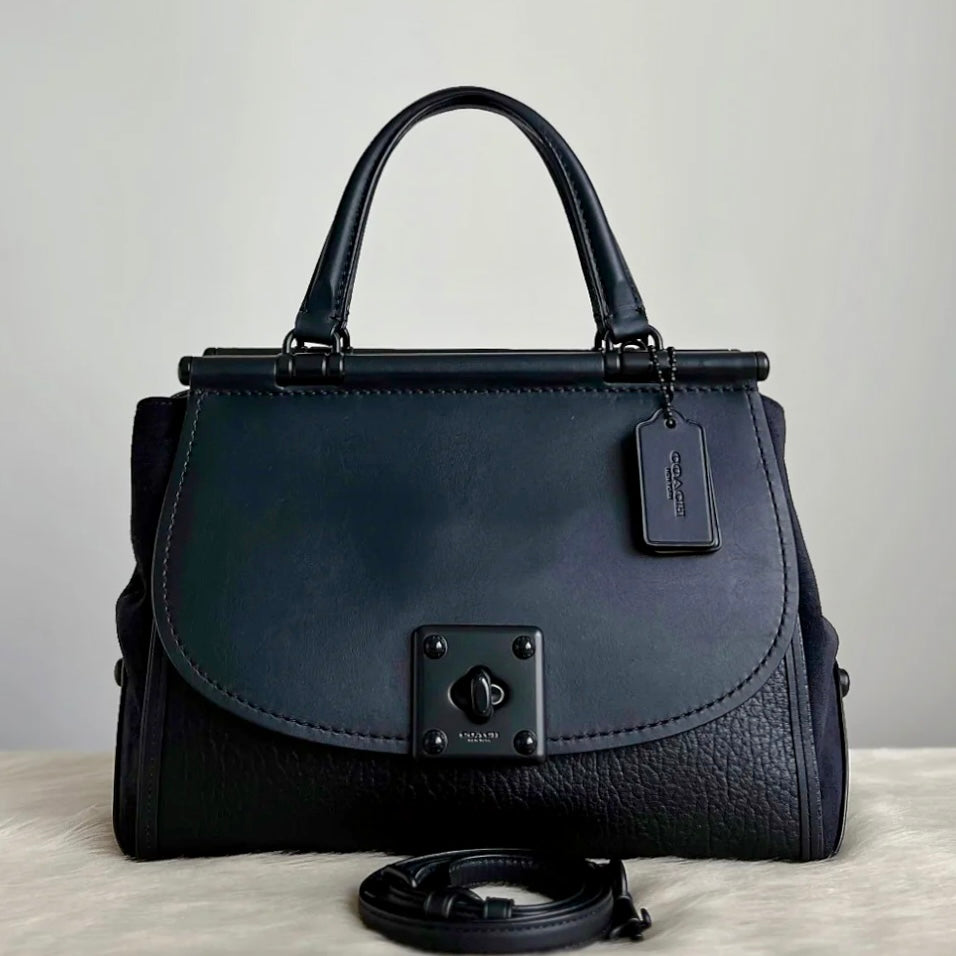 Coach Black Leather Triple Turn Lock Compartment 2 Way Shoulder Bag Like New