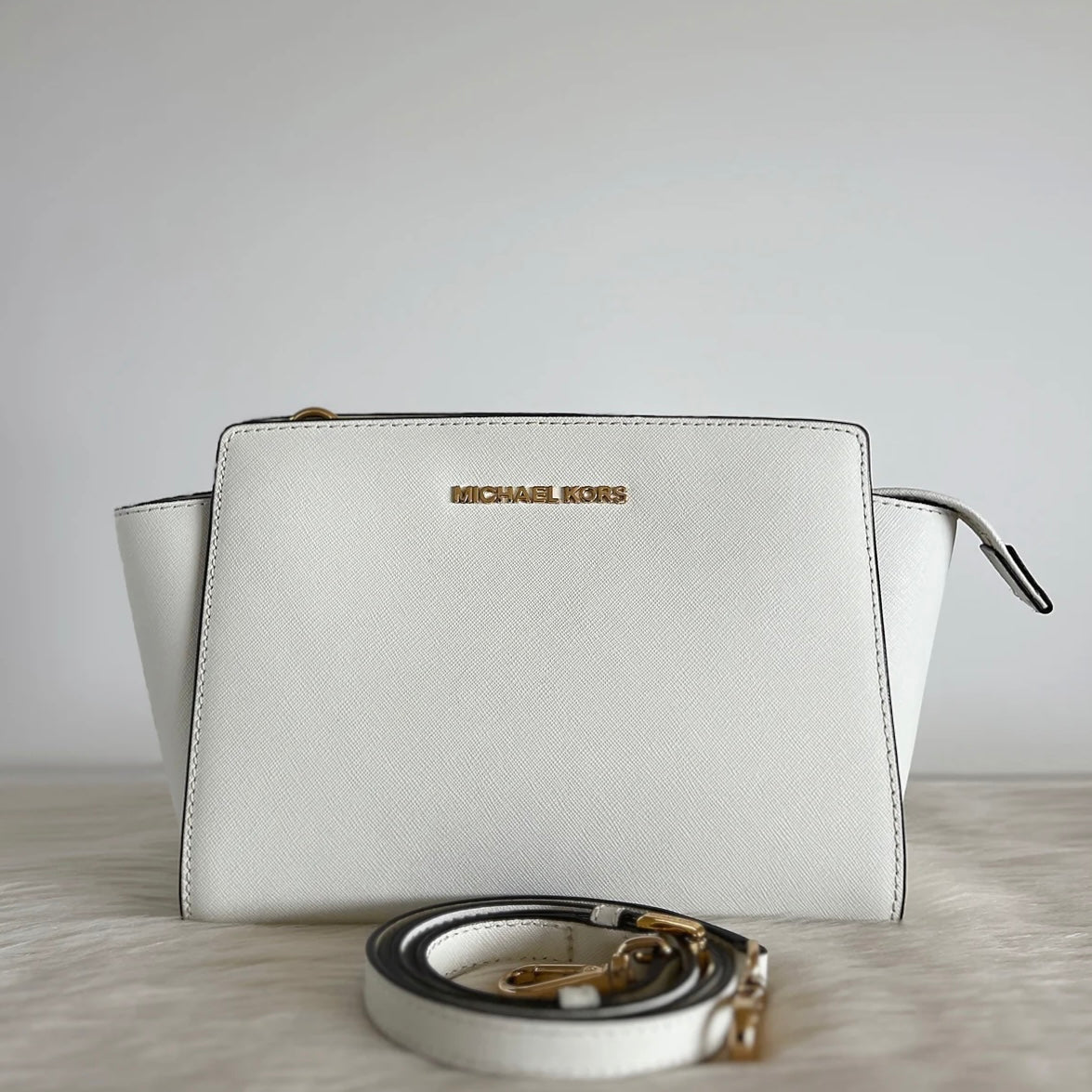 Michael Kors White Saffiano Leather Front Logo Crossbody Shoulder Bag