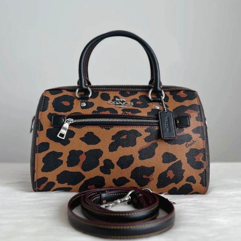 Coach Black Leather Leopard Pattern Boston 2 Way Shoulder Bag Like New
