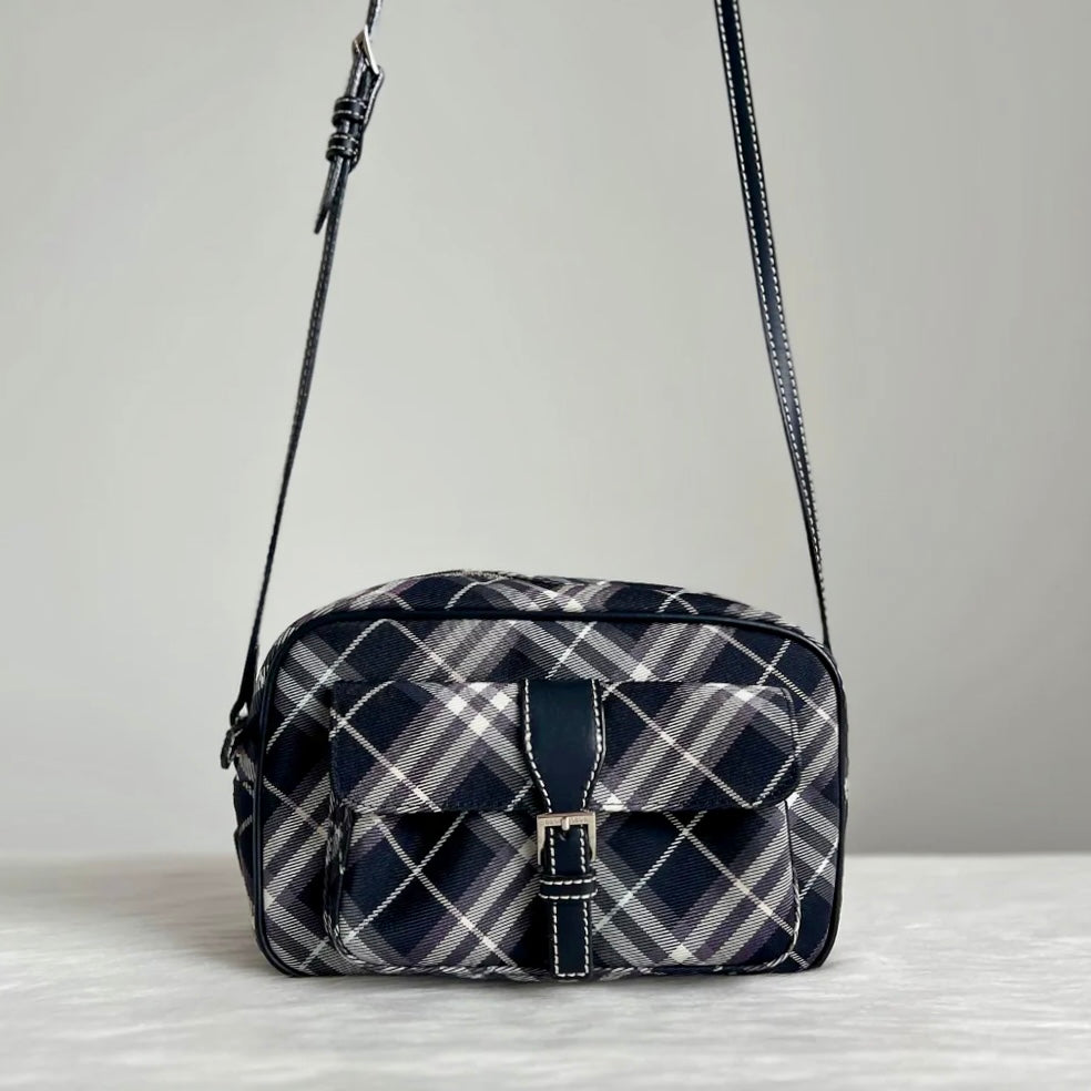 Burberry Black Leather Signature Check Pattern Camera Crossbody Shoulder Bag Like New